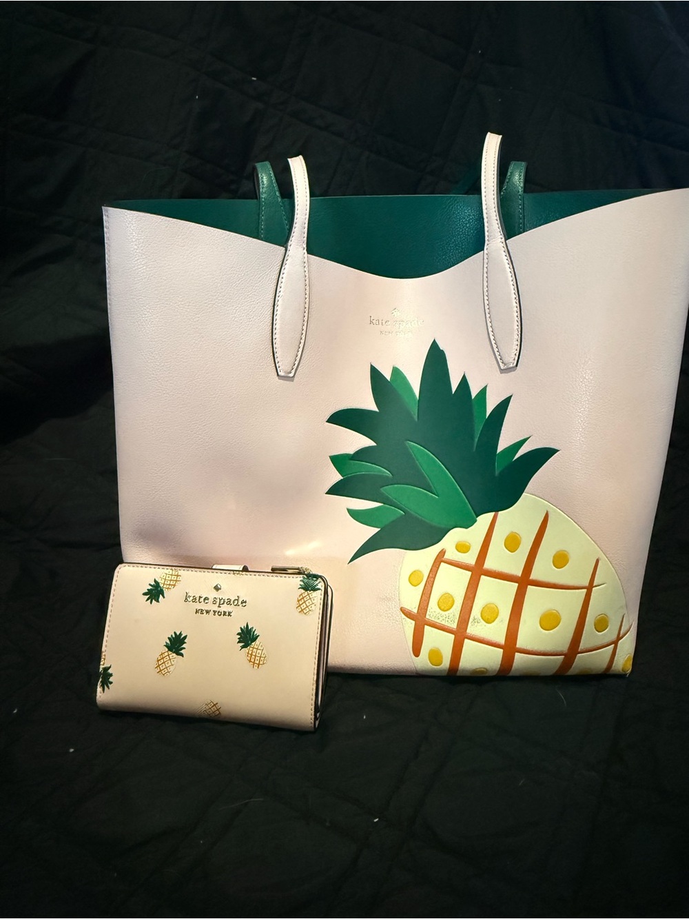 kate spade cream tote with green pineapple motif and matching wallet